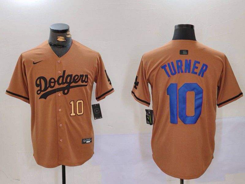 Men Los Angeles Dodgers 10 Turner army green joint name 2024 Nike MLB Jersey style 4